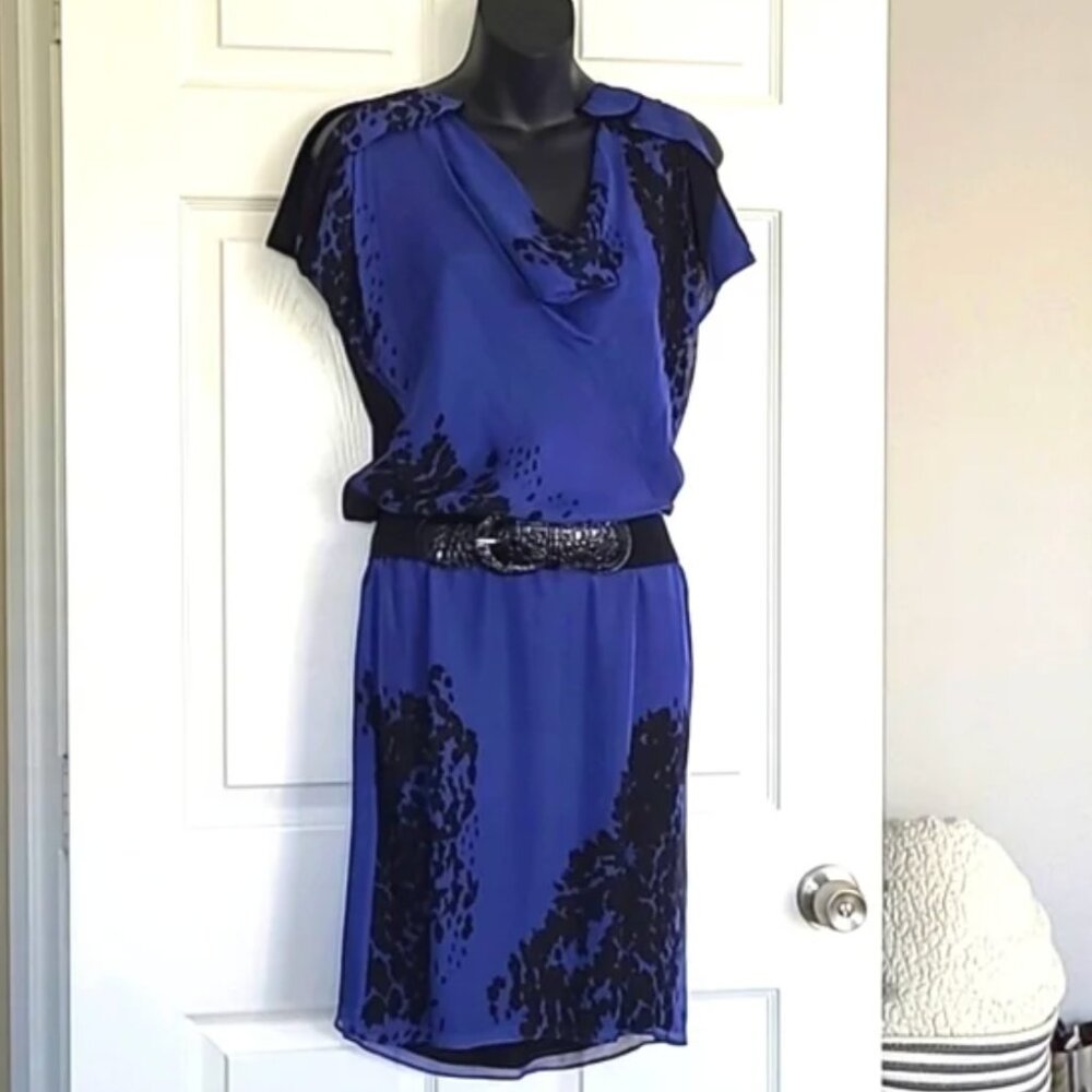Robert Rodriguez 100% silk navy & black cowl neck blouson/shirt dress size 4